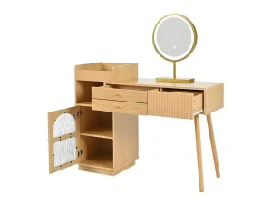 Outlet Kaptafel Met Spiegel En Led-Verlichting - 3 Lades En Een Zijkastje - Naturel (Kruk Niet Inbegrepen) Kaptafels