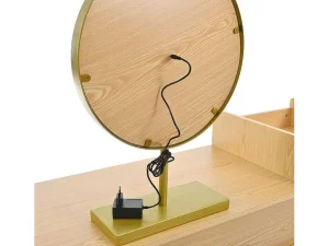 Outlet Kaptafel Met Spiegel En Led-Verlichting - 3 Lades En Een Zijkastje - Naturel (Kruk Niet Inbegrepen) Kaptafels