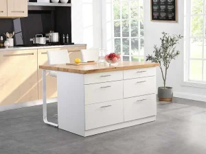 Flash Sale Keukeneiland Met 6 Lades Van Mdf En Metaal - Wit En Licht Naturel - Alegrita Keukeneiland