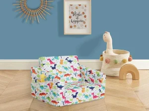 Clearance Kinderfauteuil Van Fluweel Met Dinosaurus Motieven - Wit - Almagro Uitklapbare Fauteuil