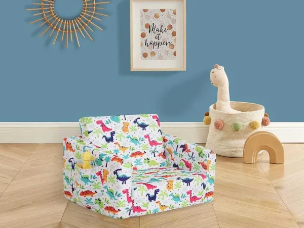 Clearance Kinderfauteuil Van Fluweel Met Dinosaurus Motieven - Wit - Almagro Uitklapbare Fauteuil