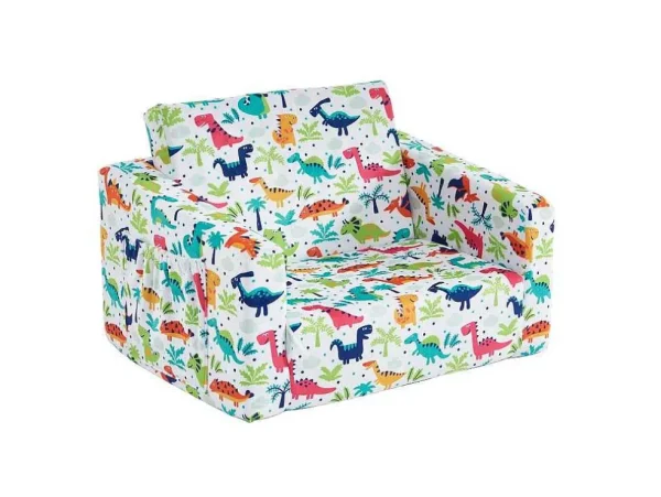 Clearance Kinderfauteuil Van Fluweel Met Dinosaurus Motieven - Wit - Almagro Uitklapbare Fauteuil