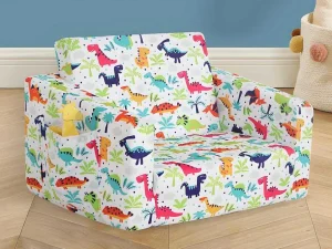 Clearance Kinderfauteuil Van Fluweel Met Dinosaurus Motieven - Wit - Almagro Uitklapbare Fauteuil