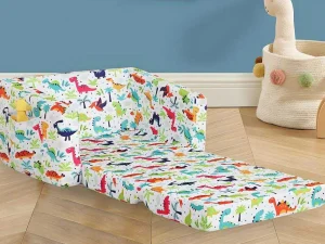Clearance Kinderfauteuil Van Fluweel Met Dinosaurus Motieven - Wit - Almagro Uitklapbare Fauteuil