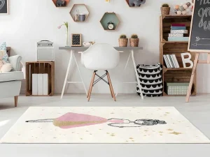Online Kindertapijt Met Feeenmotief Ariel - Afwerking In Goudkleurige Lurexdraad - 120 X 170 Cm - Ecru En Roze Kindervloerkleed