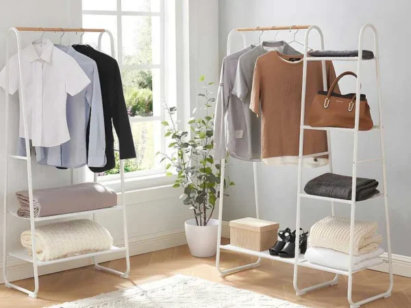 Fashion Kledingrek - L64 Cm - Wit Metaal En Beukenhout - Dogu Kleine Opberger En Slaapkameraccessoire
