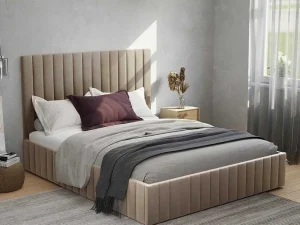Discount Kofferbed Met Hoofdbord Met Verticale Naden - 160 X 200 Cm - Velours - Taupe - Larali - Van Fluwelen Bed