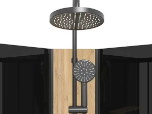 Store Kwartcirkelvormige Douchecabine Met Massagestralen En Paneel In Bamboe - Zwart - L90 X B90 X H225 Cm - Tiloma Douchecabine