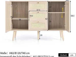 Online Ladekast 120 X 82 X 40 Cm Met 2 Deuren En 3 Laden In Rotan En Sonoma Eiken, Verstelbare Plank, Beige Ladekast