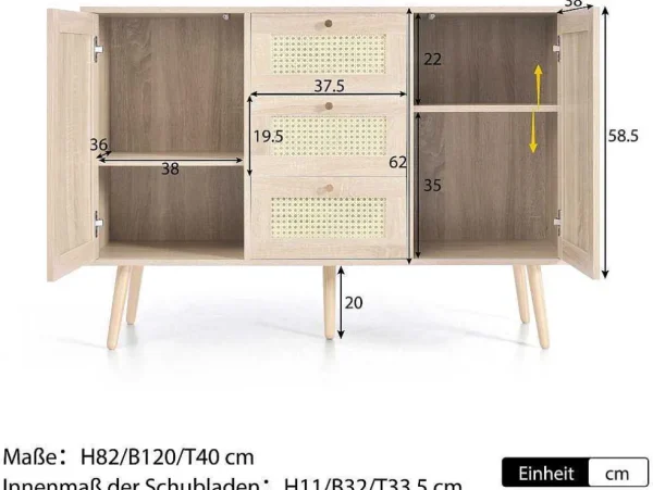 Online Ladekast 120 X 82 X 40 Cm Met 2 Deuren En 3 Laden In Rotan En Sonoma Eiken, Verstelbare Plank, Beige Ladekast