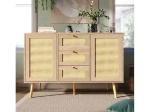 Online Ladekast 120 X 82 X 40 Cm Met 2 Deuren En 3 Laden In Rotan En Sonoma Eiken, Verstelbare Plank, Beige Ladekast