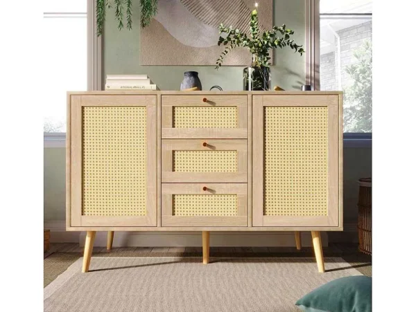 Online Ladekast 120 X 82 X 40 Cm Met 2 Deuren En 3 Laden In Rotan En Sonoma Eiken, Verstelbare Plank, Beige Ladekast