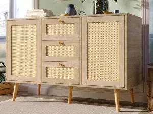 Online Ladekast 120 X 82 X 40 Cm Met 2 Deuren En 3 Laden In Rotan En Sonoma Eiken, Verstelbare Plank, Beige Ladekast
