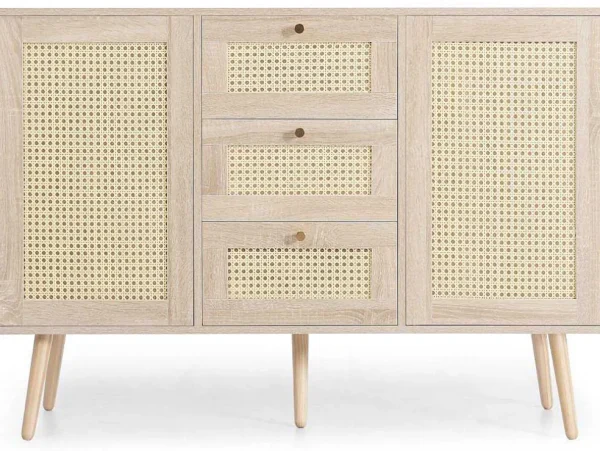 Online Ladekast 120 X 82 X 40 Cm Met 2 Deuren En 3 Laden In Rotan En Sonoma Eiken, Verstelbare Plank, Beige Ladekast