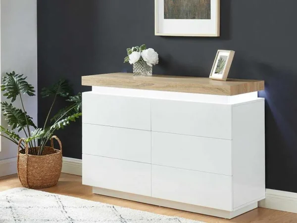 Cheap Ladekast Halo Ii - 6 Lades - Gelakt Mdf - Met Ledverlichting - Kleur: Wit En Eiken Ladekast