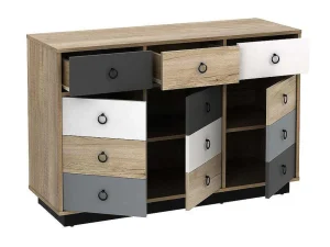 Clearance Ladekast Krypton - 3 Lades En 3 Deuren - Kleuren: Eiken, Wit En Grijs Ladekast
