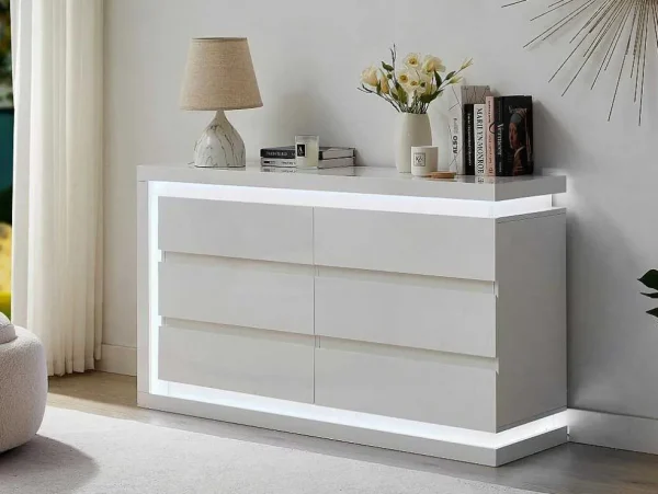 Sale Ladekast Met 6 Lades - Met Ledverlichting - Mdf - Wit Gelakt - Flarancia Ladekast