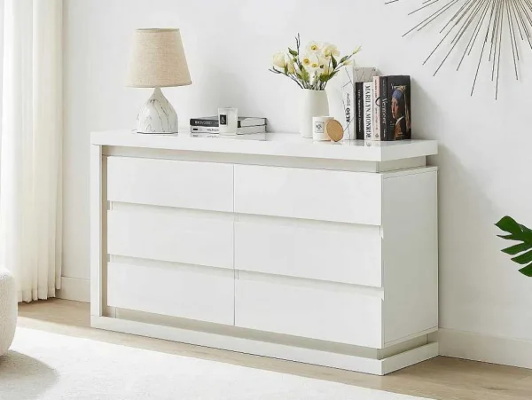 Sale Ladekast Met 6 Lades - Met Ledverlichting - Mdf - Wit Gelakt - Flarancia Ladekast