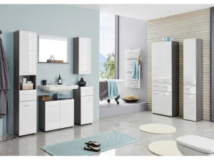 Sale Linebad Badkamerkast 1 Deur, 1 Lade Gerookt Zilver, Wit Hoogglans. Badkamerkast