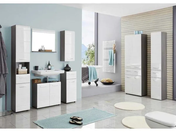Sale Linebad Badkamerkast 1 Deur, 1 Lade Gerookt Zilver, Wit Hoogglans. Badkamerkast