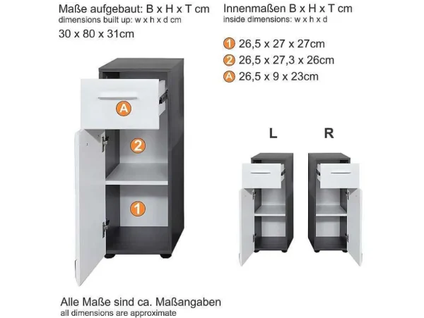 Sale Linebad Badkamerkast 1 Deur, 1 Lade Gerookt Zilver, Wit Hoogglans. Badkamerkast