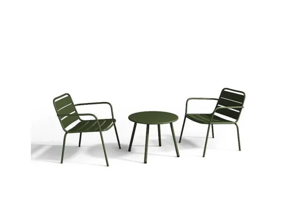 Best Metalen Tuinmeubelset - 2 Lage Stapelstoelen En Een Bijzettafel - Kaki - Mirmande Loungeset