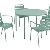 Sale Metalen Tuinsalon Mirmande - Tafel D110 Cm + 4 Stapelbare Fauteuils - Amandelgroen Tuinset