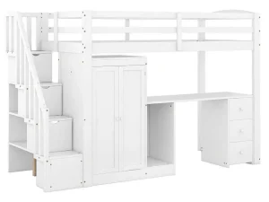 Cheap Mezzaninebed 90 X 200 Met Kledingkast En Trap, Bureau En Lades - Grenen + Mdf - Wit Kinderbed Hoogslaper