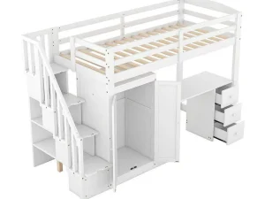 Cheap Mezzaninebed 90 X 200 Met Kledingkast En Trap, Bureau En Lades - Grenen + Mdf - Wit Kinderbed Hoogslaper