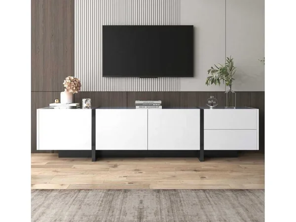 Flash Sale Modern Tv-Meubel 190Cm Met 3 Deuren En 2 Lades - Glanzend Wit & Zwart Tv-Meubel