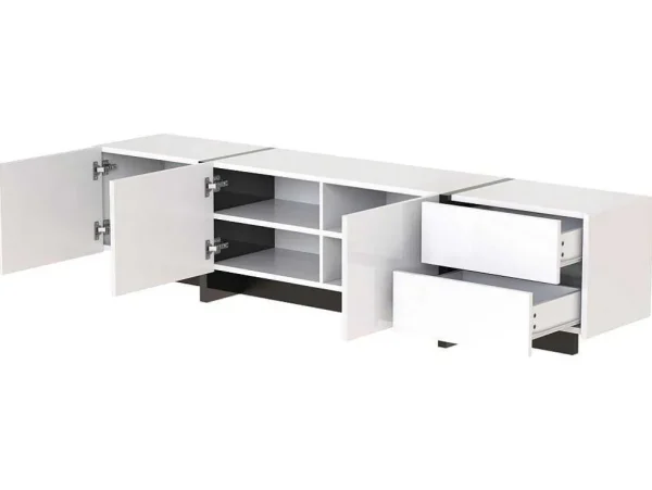 Flash Sale Modern Tv-Meubel 190Cm Met 3 Deuren En 2 Lades - Glanzend Wit & Zwart Tv-Meubel