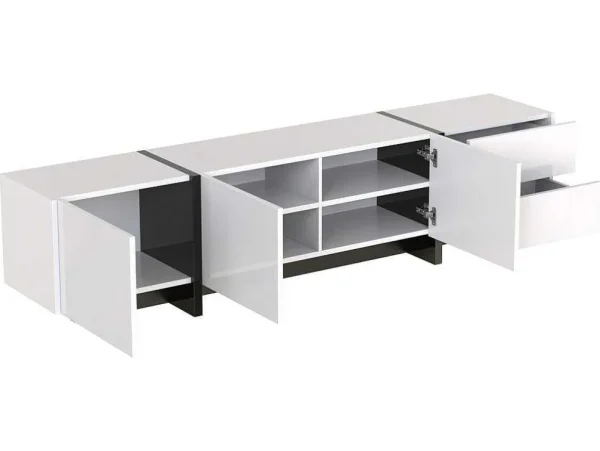 Flash Sale Modern Tv-Meubel 190Cm Met 3 Deuren En 2 Lades - Glanzend Wit & Zwart Tv-Meubel