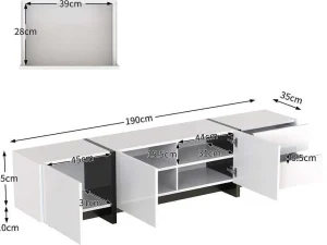 Flash Sale Modern Tv-Meubel 190Cm Met 3 Deuren En 2 Lades - Glanzend Wit & Zwart Tv-Meubel