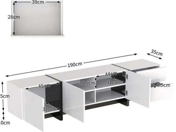 Flash Sale Modern Tv-Meubel 190Cm Met 3 Deuren En 2 Lades - Glanzend Wit & Zwart Tv-Meubel