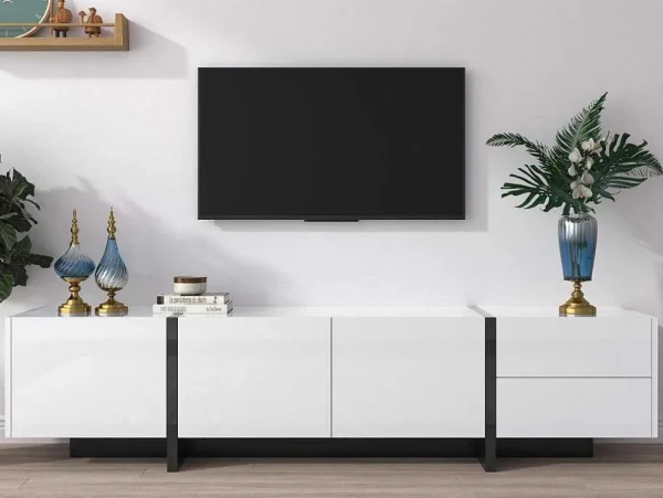 Flash Sale Modern Tv-Meubel 190Cm Met 3 Deuren En 2 Lades - Glanzend Wit & Zwart Tv-Meubel