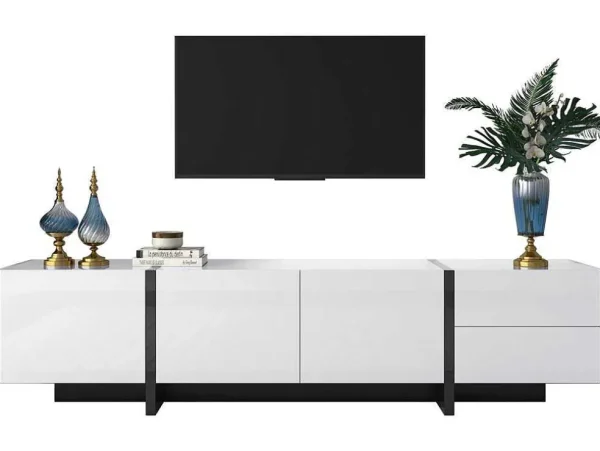 Flash Sale Modern Tv-Meubel 190Cm Met 3 Deuren En 2 Lades - Glanzend Wit & Zwart Tv-Meubel