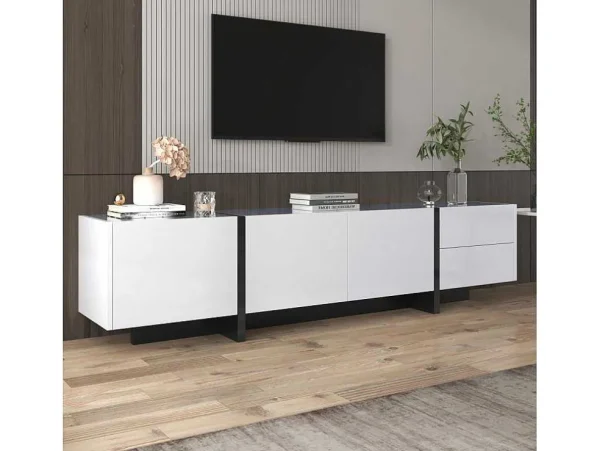 Flash Sale Modern Tv-Meubel 190Cm Met 3 Deuren En 2 Lades - Glanzend Wit & Zwart Tv-Meubel