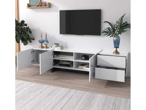 Flash Sale Modern Tv-Meubel 190Cm Met 3 Deuren En 2 Lades - Glanzend Wit & Zwart Tv-Meubel