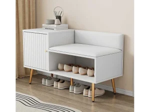 Store Moderne Schoenenbank Met 3 Deuren En Kussen - Metalen Poten En Handgrepen - Kleur Wit - 100 X 38 X 58 Cm Schoenenkast