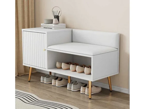 Store Moderne Schoenenbank Met 3 Deuren En Kussen - Metalen Poten En Handgrepen - Kleur Wit - 100 X 38 X 58 Cm Schoenenkast