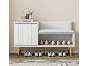 Store Moderne Schoenenbank Met 3 Deuren En Kussen - Metalen Poten En Handgrepen - Kleur Wit - 100 X 38 X 58 Cm Schoenenkast