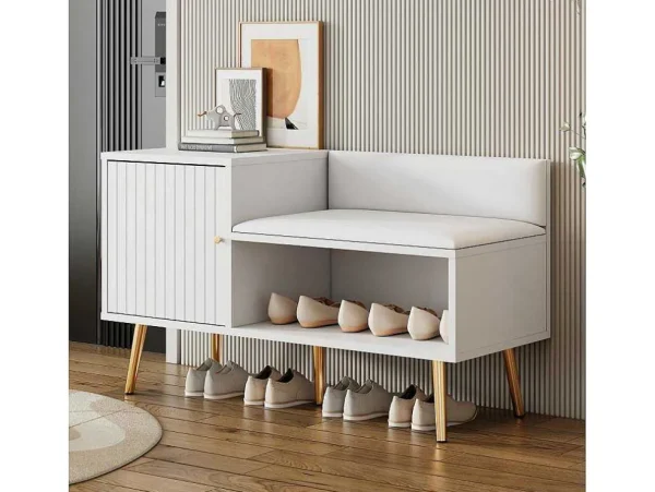 Store Moderne Schoenenbank Met 3 Deuren En Kussen - Metalen Poten En Handgrepen - Kleur Wit - 100 X 38 X 58 Cm Schoenenkast