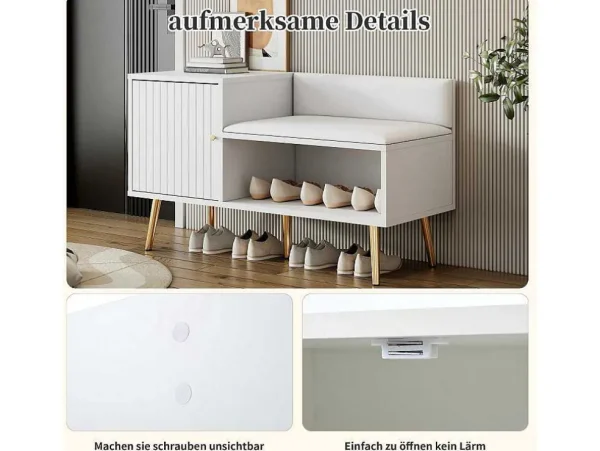 Store Moderne Schoenenbank Met 3 Deuren En Kussen - Metalen Poten En Handgrepen - Kleur Wit - 100 X 38 X 58 Cm Schoenenkast