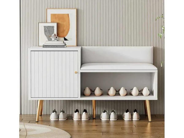 Store Moderne Schoenenbank Met 3 Deuren En Kussen - Metalen Poten En Handgrepen - Kleur Wit - 100 X 38 X 58 Cm Schoenenkast