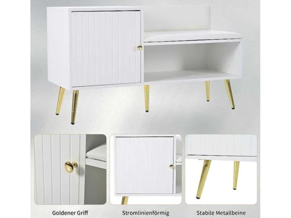 Store Moderne Schoenenbank Met 3 Deuren En Kussen - Metalen Poten En Handgrepen - Kleur Wit - 100 X 38 X 58 Cm Schoenenkast