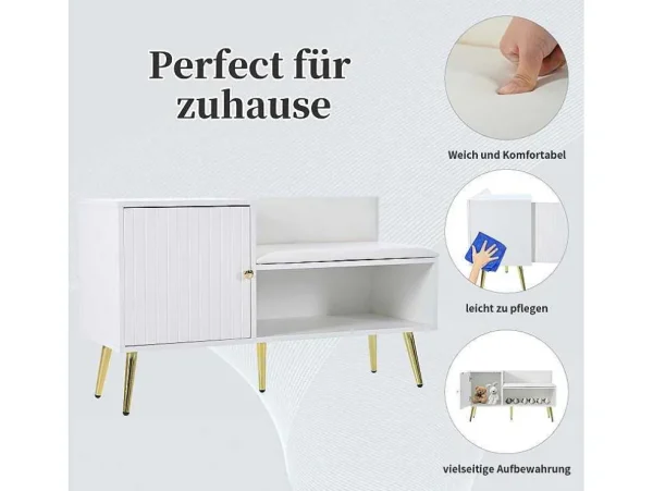 Store Moderne Schoenenbank Met 3 Deuren En Kussen - Metalen Poten En Handgrepen - Kleur Wit - 100 X 38 X 58 Cm Schoenenkast