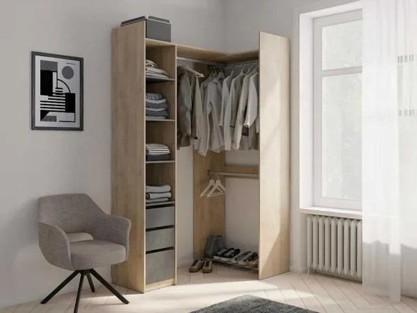 Discount Moduleerbare Kleerkast Hoek Of Recht - L200 Cm - Kleur: Naturel En Zwart - Emilyo Kledingkast