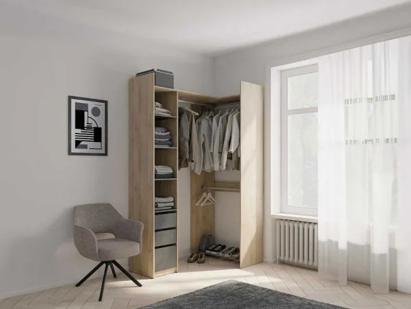 Discount Moduleerbare Kleerkast Hoek Of Recht - L200 Cm - Kleur: Naturel En Zwart - Emilyo Kledingkast