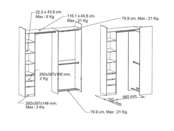 Discount Moduleerbare Kleerkast Hoek Of Recht - L200 Cm - Kleur: Naturel En Zwart - Emilyo Kledingkast