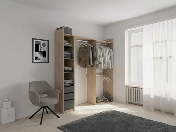 Discount Moduleerbare Kleerkast Hoek Of Recht - L200 Cm - Kleur: Naturel En Zwart - Emilyo Kledingkast